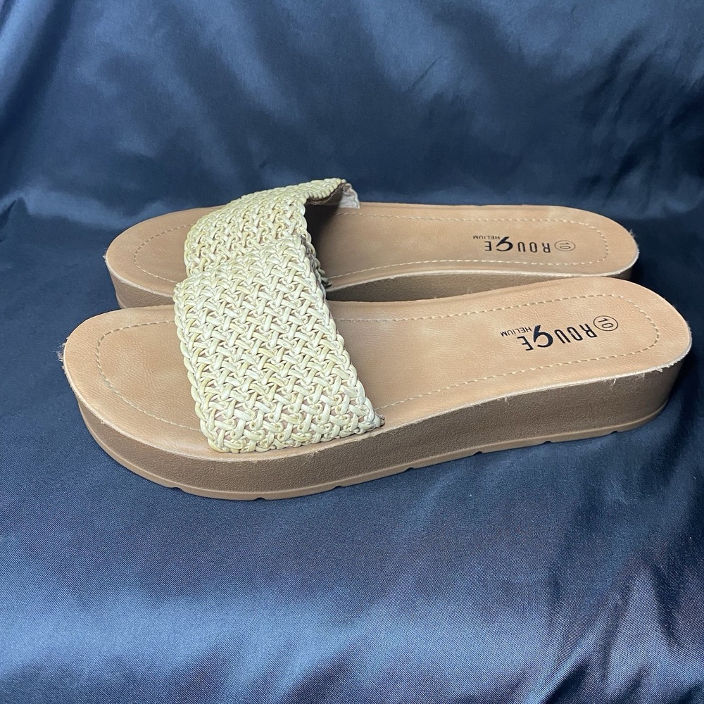Rouge Helium Woven Raffia Slide Sandals Size 10 Tan Braided Open Toe - Picture 4 of 10